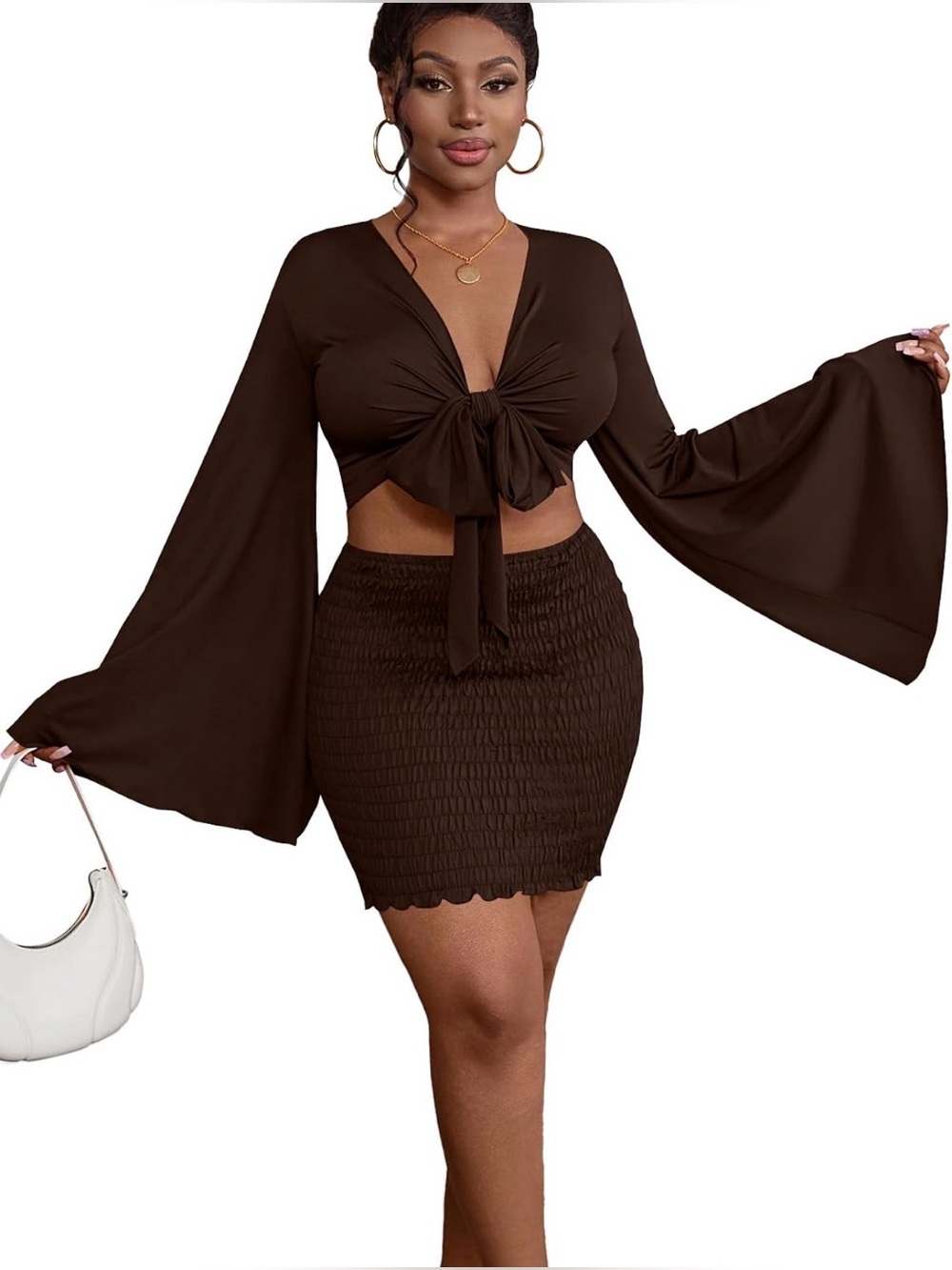 A151 LYANER 2pc Tie Knot Bell Long Sleeve Crop Top Mini Brown Skirt Set NWT SM